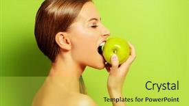 Presentation with fresh fruits vegetables heart - PPT layouts featuring pretty girl biting fresh apple background and a yellow colored foreground