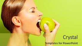  Presentation with healthy lifestyle - PPT layouts enhanced with pretty girl biting fresh apple background and a yellow colored foreground
