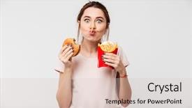 Presentation with burger fries - Audience pleasing slides consisting of pretty girl eating french fries backdrop and a soft green colored foreground