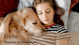  Presentation with pet - PPT theme consisting of pretty-girl-hugging-golden-retriever background and a coral colored foreground