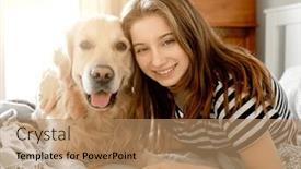  Presentation with pet - PPT theme featuring pretty-girl-hugging-golden-retriever background and a coral colored foreground