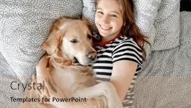  Presentation with pet - PPT theme having pretty-girl-hugging-golden-retriever background and a coral colored foreground