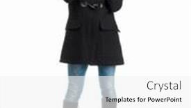  Presentation with black girl - Slide set with pretty girl in black coat with arms folded isolated on white background background and a white colored foreground