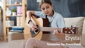  Presentation with self - PPT theme enhanced with pretty-girl-in-casualwear-sitting background and a coral colored foreground