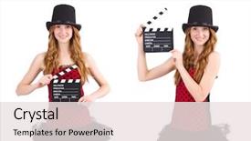  Presentation with red movie - Presentation featuring pretty girl in red polka dot dress with movie board isolated background and a sky blue colored foreground