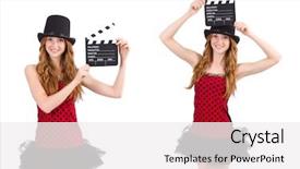  Presentation with red movie - Presentation theme consisting of pretty girl in red polka dot dress with movie board isolated background and a white colored foreground