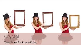  Presentation with picture frame - Presentation design having pretty girl in red polka dot dress with picture frame isolate background and a coral colored foreground