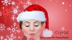  Presentation with girl design - Colorful presentation theme enhanced with pretty girl in santa costume holding gift box against red snow flake pattern design backdrop and a coral colored foreground