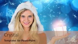 Presentation with girl design - PPT theme enhanced with pretty girl in santa outfit holding gift against blue snow flake pattern design background and a coral colored foreground