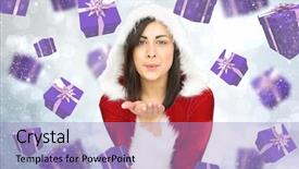  Presentation with girl design - Slides enhanced with pretty girl in santa outfit blowing against light glowing dots design pattern background and a light blue colored foreground