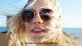  Presentation with weekend - PPT theme having pretty girl in sunglasses looking at camera while spending summer weekend on the beach background and a coral colored foreground