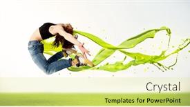  Presentation with liquid - Amazing theme having pretty girl jumping with green abstract liquid dress concept in nature backdrop and a blonde colored foreground