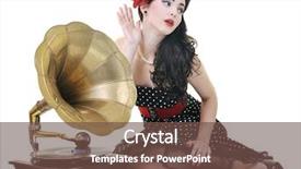  Presentation with gramophone - Beautiful slide deck featuring pretty girl listening music on old gramophone isolated on white in studio backdrop and a tawny brown colored foreground