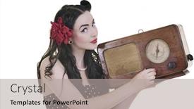  Presentation with radio - Audience pleasing PPT theme consisting of pretty girl listening music on radio isolated on white in studio backdrop and a light gray colored foreground