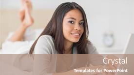  Presentation with social isolation - Slide set featuring pretty girl lying on bed using her laptop smiling at camera in her bedroom at home working from home in quarantine lockdown social distancing self isolation background and a coral colored foreground