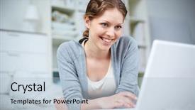  Presentation with pretty girl - Presentation theme featuring pretty girl networking on laptop background and a light blue colored foreground