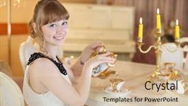  Presentation with white candles - Cool new PPT theme with pretty girl sits at classic white table with dishes and lighted candles and pours tea backdrop and a coral colored foreground