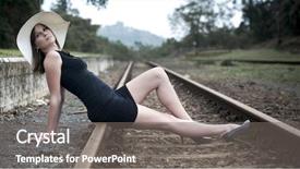  Presentation with pretty girl - Slide set having pretty girl sits on railway background and a gray colored foreground