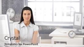  Presentation with pretty girl - Audience pleasing presentation theme consisting of pretty girl sitting at desk backdrop and a lemonade colored foreground