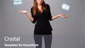  Presentation with juggling - Amazing slides having pretty girl standing and juggling with elecrtonic devices icons backdrop and a gray colored foreground