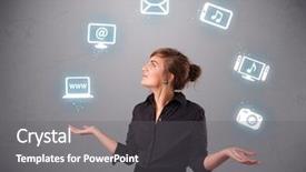  Presentation with juggling - Slide deck enhanced with pretty girl standing and juggling with elecrtonic devices icons background and a gray colored foreground