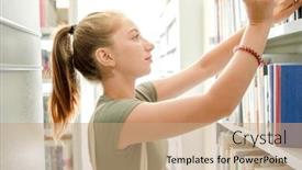  Presentation with education materials - Slide deck having pretty-girl-teenager-in-library background and a coral colored foreground