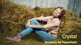  Presentation with western - Presentation design consisting of pretty girl teenager in shirt and torn jeans posing on hay jeans fashion western style background and a tawny brown colored foreground