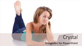  Presentation with pretty girl - Slide deck having pretty girl using laptop isolated on white background and a soft green colored foreground