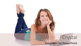  Presentation with pretty girl - Audience pleasing PPT theme consisting of pretty-girl-using-laptop-isolated backdrop and a coral colored foreground