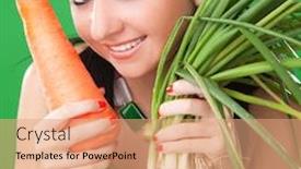  Presentation with onion - PPT layouts having pretty girl with carrot and onion on the green background background and a coral colored foreground