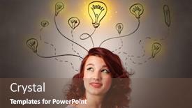  Presentation with solutions - Cool new slide set with pretty girl with draw bulbs above her head with different solutions concept backdrop and a tawny brown colored foreground