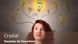  Presentation with solutions - Amazing PPT layouts having pretty girl with draw bulbs above her head with different solutions concept backdrop and a tawny brown colored foreground