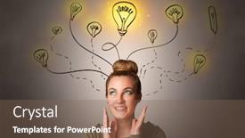  Presentation with solutions - Cool new PPT theme with pretty girl with draw bulbs above her head with different solutions concept backdrop and a violet colored foreground
