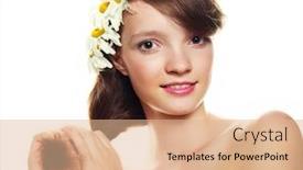  Presentation with pretty girl - Presentation theme featuring pretty girl with many camomile flowers against white background background and a coral colored foreground