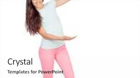  Presentation with pretty girl - Audience pleasing slide set consisting of pretty girl with pink pants showing something with her arms isolated on white backdrop and a pink colored foreground