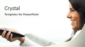  Presentation with risk control - PPT layouts featuring pretty girl with remote control background and a white colored foreground