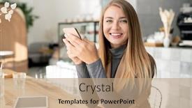  Presentation with scrolling - PPT theme having pretty girl with toothy smile looking at you while sitting by table in cafe and scrolling or texting in smartphone background and a coral colored foreground