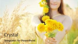  Presentation with crown - Slides consisting of pretty girl with yellow flowers crown in the grassy sunny summer field holding bouquet background and a yellow colored foreground