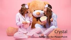  Presentation with sitting teddy bear isolated - Audience pleasing slide deck consisting of pretty girls dressed in pajamas backdrop and a coral colored foreground