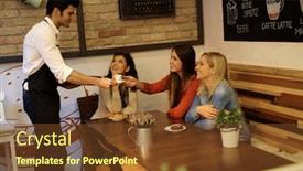  Presentation with cafeteria - Cool new presentation with pretty-girls-served-by-young backdrop and a tawny brown colored foreground