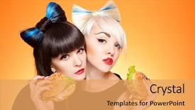  Presentation with burgers - Presentation theme having pretty girls with unhealthy burgers isolated in studio background and a yellow colored foreground