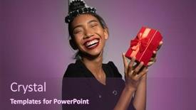  Presentation with purple wall - PPT theme consisting of pretty happy asian girl in birthday cap holding present isolated over purple wall background background and a tawny brown colored foreground