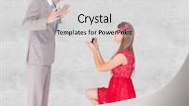  Presentation with marriage - Beautiful theme featuring pretty hipster on bended knee doing a marriage proposal to her boyfriend against white background backdrop and a light gray colored foreground