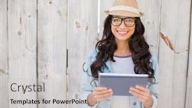  Presentation with bleached - Presentation design having pretty hipster smiling at camera holding tablet against bleached wooden fence background and a light gray colored foreground