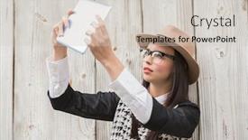  Presentation with bleached - Amazing slide deck having pretty hipster using tablet pc against bleached wooden planks backdrop and a soft green colored foreground