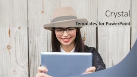  Presentation with bleached - Theme consisting of pretty hipster using tablet pc against bleached wooden planks background and a light gray colored foreground