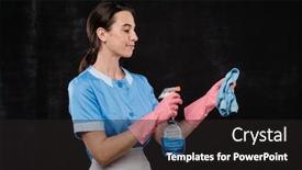  Presentation with rubber gloves - Audience pleasing PPT theme consisting of pretty-hotel-maid-in-unifor backdrop and a dark gray colored foreground