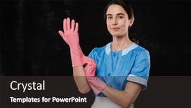  Presentation with rubber gloves - PPT theme enhanced with pretty-hotel-maid-putting background and a dark gray colored foreground