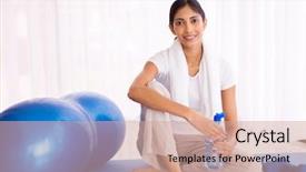  Presentation with indian woman - Beautiful PPT theme featuring pretty indian woman sitting on mat after working out at home backdrop and a coral colored foreground