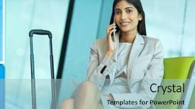  Presentation with indian woman - Beautiful slide set featuring pretty indian woman talking on smart phone while waiting at airport backdrop and a light blue colored foreground